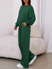 Womens 2 Piece Sets Long Sleeve Sweatshirt Wide Leg Pants Loose Matching Lounge Set  Fall Outfits - Màu xanh lá cây đậm - Xem 4