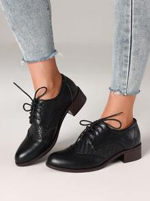 Women's Pointed Toe Lace-Up Brogue Pumps Fashion Mixed Colors Patchwork Block Chunky Heel British Style Flat Oxford Shoes - Black B - 查看 1