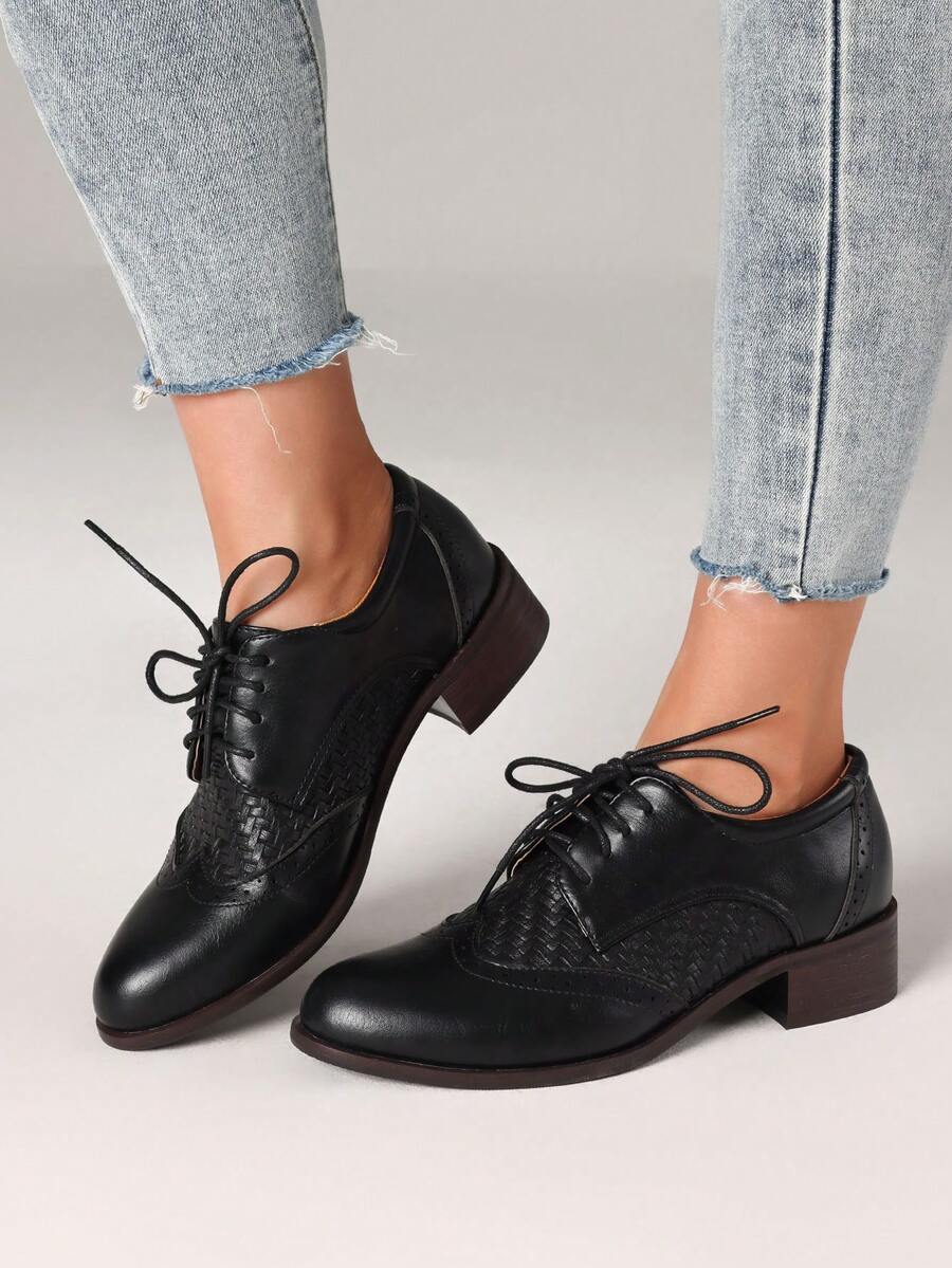 Women's Pointed Toe Lace-Up Brogue Pumps Fashion Mixed Colors Patchwork Block Chunky Heel British Style Flat Oxford Shoes - Black B - 查看 1
