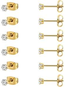 MDFUN 6 Pairs Stud Earrings Sets 3-8MM 18K Gold Plated Round 5A+ Cubic Zirconia Earrings CZ 6 Prong Ears Jewelry Women - 3MM-黃金 - 查看 1