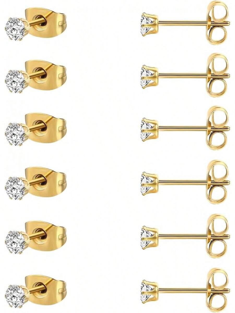 MDFUN 6 Pairs Stud Earrings Sets 3-8MM 18K Gold Plated Round 5A+ Cubic Zirconia Earrings CZ 6 Prong Ears Jewelry Women - 3MM-黃金 - 查看 1
