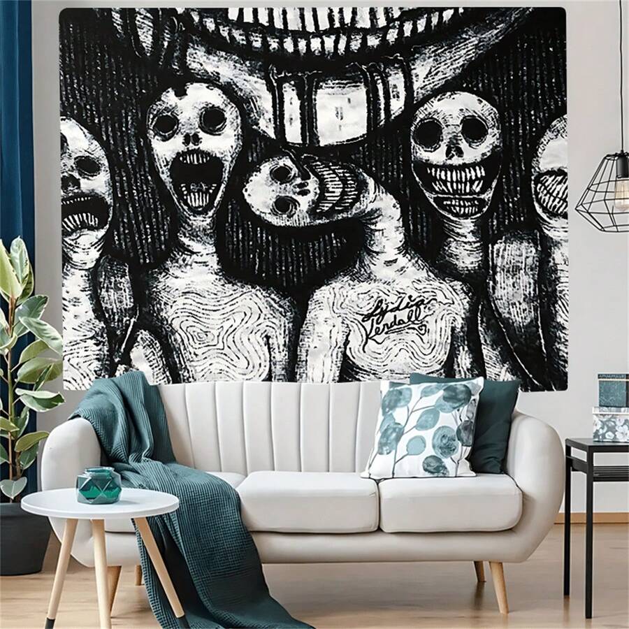 1 pièce Élégance gothique, tapisserie squelette effrayant et abstraite - noir et blanc, tenture murale en polyester pour la décoration de la maison et du dortoir, accessoires gratuits inclus, horreur, décoration de chambre, cadeaux pour vous et vos amis