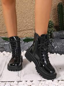 Botas femininas de cano curto com sola grossa e cadarço, novas botas de montaria pretas, minimalistas e plus size, outono 2025 - Preto - Ver 6