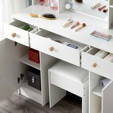 Large Dressing Table With Lighted Mirror 6 Shelves Vanity Makeup Desk Stool Set - White - View 3