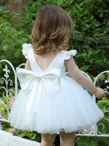 女婴短袖蝴蝶结薄纱派对礼服，优雅公主裙，适合作为一周岁生日礼物、宴会、晚宴、重要场合的礼服