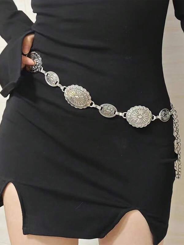 Cadena de cintura ovalada con textura y tallado de estilo bohemio, versátil para combinar con vestidos, jeans y cinturones de metal