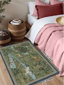 1pc Plush Luxurious Soft Green Hand-Painted Plant Modern Style Area Rug, Non-Slip Washable, Velvet Surface, Perfect For Living Room, Bedroom, Hallway - Elegant Garden Design, Baroque Pattern Indoor Mat | Non-Slip Backing, Living Room Carpet - Cadet Blue - View 5