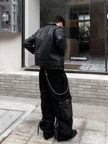 1件复古美式猫须多口袋拼接牛仔裤，时尚工装裤，阔腿裤（不含腰带和配饰） - 黑色 - 查看 8