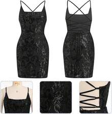 Sequin Homecoming Dresses Teens Women Sparkly Strap Bodycon Cocktail Party Night Prom Dress Vestidos De Fiesta ElegantesHalloween Christmas New Year - 黑色 - 查看 7