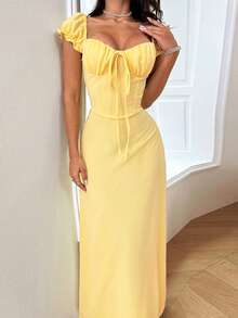 女士夏季低领短袖系带连衣裙，优雅女士长款针织甜心领鸡尾酒裙，胸部饰有褶皱和打结细节，柔软舒适，适合毕业典礼、返校、音乐节、派对等场合。 - 黃色 - 查看 4