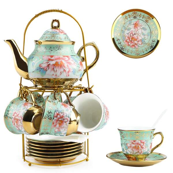 20-Piece Porcelain Tea Set - Floral Ceramic Teapot With Cups, Saucers & Spoons, Includes Metal Holder (Large, Elegant Style)
