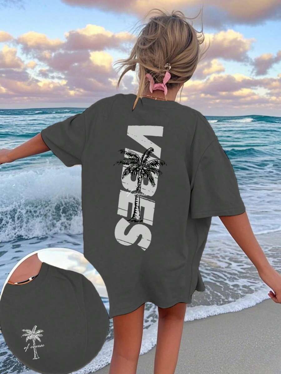 女士休闲棕榈树标语印花圆领短袖 T 恤，简约百搭，适合日常和度假，夏季 - 深灰色 - 查看 1
