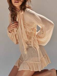 Womens Y2K Sheer Mesh Frill Shirt Tops Solid Color See Through Long Puff Sleeve V Neck Ruffle Hem Loose Fit T Shirts Blouses Boho Peplum Shawl Shirts With Scarf Set Fall Going Out Tops Beach Cover Up Vacation Streetwear - 藕粉色 - 查看 4