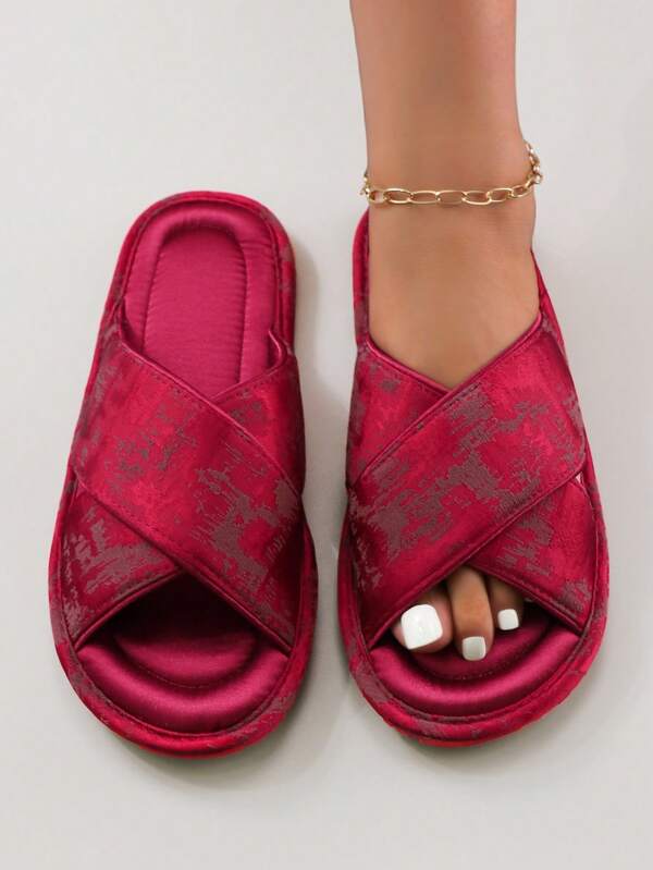 New Chinese Style Embroidered Satin Criss-Cross Comfortable & Elegant Women's House Slippers, Non-Slip