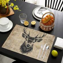 1pc/4pcs/6pcs Deer Head Printed Linen Placemats, Suitable For Dining Table, All Season Decor, Modern Washable Table Mats, Room Decor, Coasters, Kitchen Dining Mats, Indoor Outdoor Party Decoration, Home Decor, Ideal Gift - Multicolor - View 4