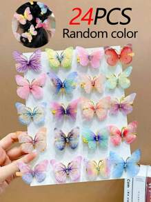 24/18/12/6pcs Women Gradient Color Double Layer Crystal Organza Butterfly Rhinestone Hair Clips, Cute Princess Hair Accessories, Claw Clips, Hair Claws, Clips For Hair, Hair Slide, Hair Barrettes