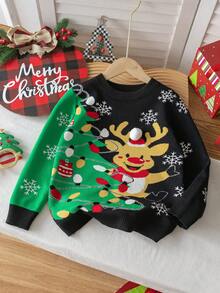 Kids & Youth Cute Christmas Reindeer Lights Knitted Pullover Sweater, Suitable For Christmas Party, Spring, Autumn, Winter - Black - View 2
