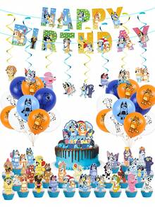 Bluey ديكور حفلة عيد ميلاد بلوي الجميلة، ديكور حفلة عيد ميلاد أو زفاف بانر ملون مع أعلام وهدايا بشخصيات كرتونية من بينجو هيلر وكوكو