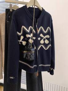 JIANHU Cozy Zip-Up Knit Cardigan For Fall/Winter, Featuring Festive Nordic-Inspired Pattern With Heart & Bow Details, Ideal For Casual Layering And Holiday Gatherings, Stylish Yet Comfortable For Your Everyday Look.