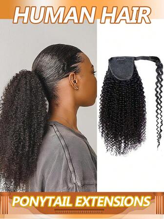 Afro Kinky Lockigt Clip In Ponytail Extensions Äkta Hårbitar Afro Wrap Around Ponytail Äkta Hår För Kvinnor Brasilianskt Virgin Hair Naturlig Färg