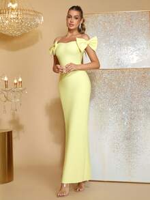 新款女士黄色性感露肩无袖露背蝴蝶结装饰长款绷带连衣裙，优雅女士婚礼伴娘礼服，节日派对正式晚宴礼服 - 黃色 - 查看 5