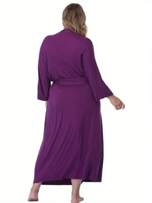 Womens Plus Size Long Robes Lightweight Kimonos V Neck Knit Bathrobe Soft Maternity Robe Sleepwear - 紫色 - 查看 4