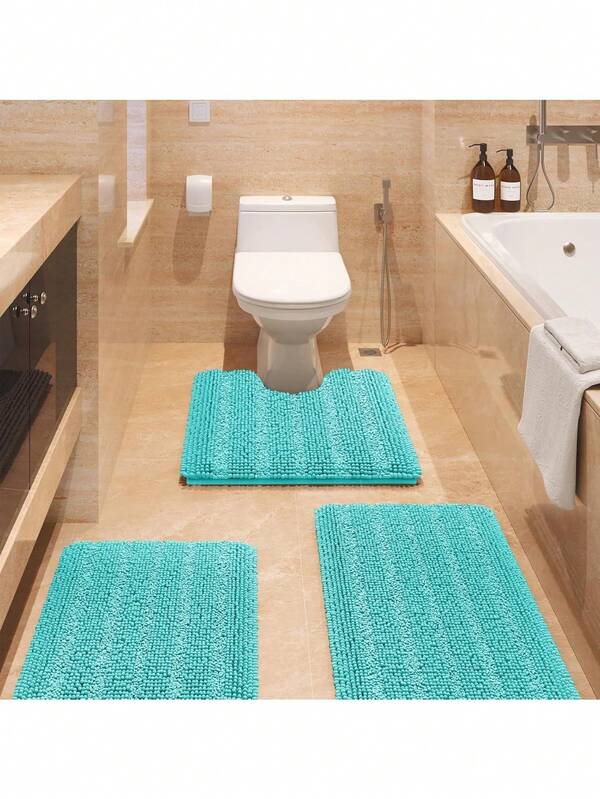 Striped Teal Green Bathroom Rug Set 3 Pieces Ultra Soft Non Slip Chenille Toilet Mat Absorbent Plush Shaggy Bath Mats For Bathroom Bedroom Kitchen Turquoise
