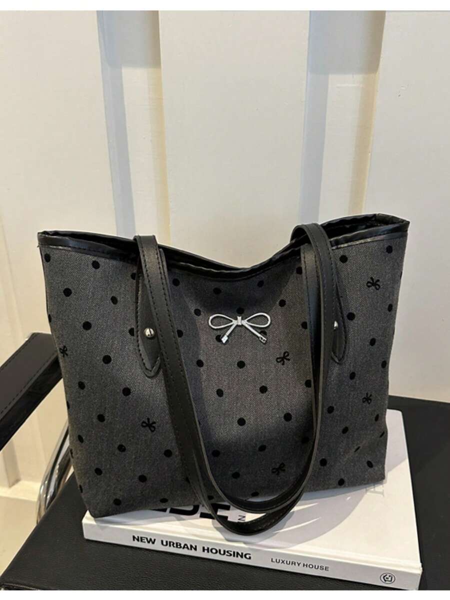 A Simple And Fashionable Large-Capacity Handbag, Decorated With A Bow, With A Zipper Opening, Lightweight Solid Color, Dual Handles And A Shoulder Strap. Suitable For Women's Daily Life, Leisure, Commuting, Work And Student Use. - Black - View 1