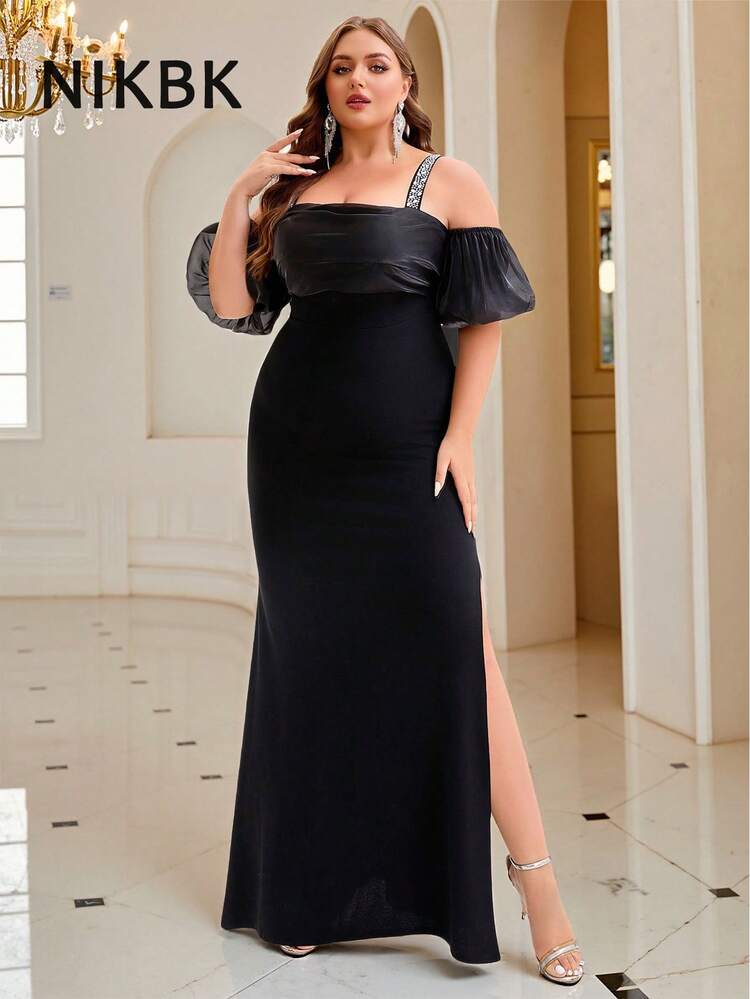 NIKBK 加大码黑色紧身长裙 - 露肩透视泡泡袖，水钻装饰肩带，缎面褶饰紧身胸衣，高腰侧开衩，及地下摆 | 优雅正式礼服，适合黑色领带晚会、舞会、婚宴和精致晚会场合 - 黑色 - 查看 6
