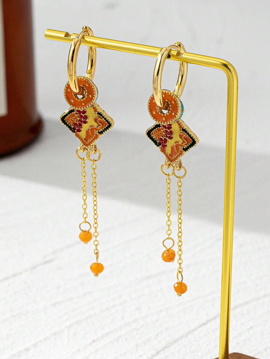 1 Pair New Chinese Style Geometric Circle & Square Long Tassel Earrings, Versatile Luxury Party Gift Earrings For Women - Orange - View 1