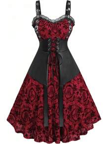 Halloween Costumes Rosegal Women Plus Size Gothic Lace-Up PU Leather Patchwork Flocking Midi Dress Buckles Lace Trim Vintage Goth Midi Dress