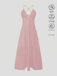 Women's Satin V-Neck Elegant Summer Maxi Dress, Silky Nightdress, Holiday Party Birthday Formal Occasion Dress - Pink - View 2