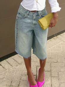 Women's Casual Denim Shorts With Beaded Pockets And Straight Leg Design, Suitable For Halloween Party - Blue - View 5