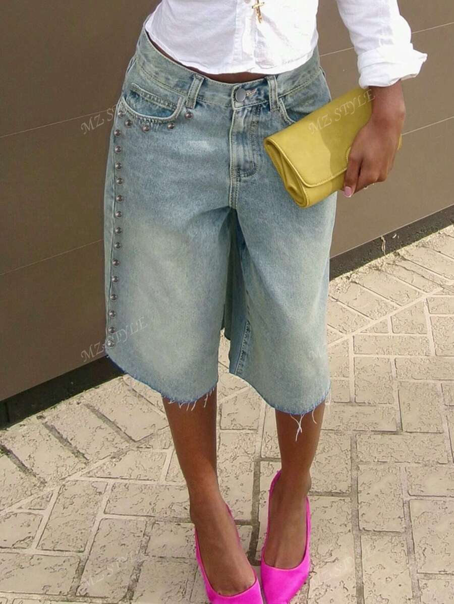 Short en jean bermuda style rue décoré de rivets pour femmes, short en jean décontracté pour le printemps et l'été