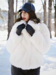 TRAFZA 女士仿皮草优雅外套，休闲奢华纯色大衣，保暖宽松女士时尚街头风长袖外套 - 白色 - 查看 3