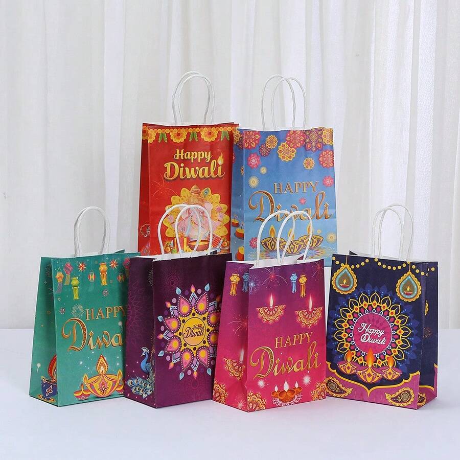5 pezzi/10 pezzi/20 pezzi Borse regalo di Diwali con manici, colore e stile casuali, forniture per feste di Diwali, decorazione, confezione regalo per festival - Multicolore - Visualizzare 1
