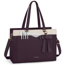 NEWHEY Women's Laptop Tote With Detachable Strap & Bow: 15.6 Inch Leather Work Bag Featuring Cup Holder, Professional Office Briefcase & Large Business Handbag - Màu tím và trắng - Xem 8
