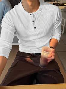 New Men's Casual Classic Ribbed Texture Henley Neck All-Match Versatile Long Sleeve T-Shirt, Fall