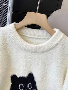 Women's Casual Cat Pattern Round Neck Drop Shoulder Long Sleeve Sweater, Suitable For Daily Wear, Spring Break, Vacation, Concerts, Boho Style, Music Festivals, Holidays, Halloween, Christmas, Thanksgiving