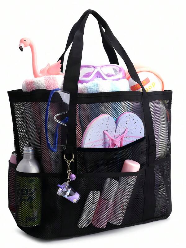 Large Mesh Beach Bag - Anti-Sand Swimming Tote Bag, Extra Large Capacity Family Foldable Lightweight Pool Cruise Essentials, With Zipper, Perfect For Commuting, Outdoor, Travel, Camping, Vacation, School, Dorm Necessities