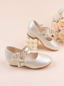 女童时尚白色香槟色蝴蝶结装饰优雅高跟礼服鞋，适合正式场合、派对、婚礼、演出、舞蹈等，适合幼儿、小女孩和大女孩。