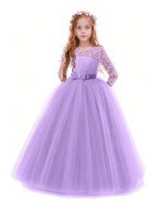 Flower Girls Dress Long Lace Bridesmaid Dress 3/4 Sleeves Floor Length Wedding Party Evening Formal Pegeant Maxi Tulle Ball Gowns - Màu tím hoa cà - Xem 1