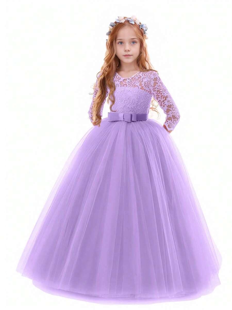 Flower Girls Dress Long Lace Bridesmaid Dress 3/4 Sleeves Floor Length Wedding Party Evening Formal Pegeant Maxi Tulle Ball Gowns - Màu tím hoa cà - Xem 1