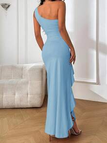 WOWDARK 女士冬季连衣裙，蓝色优雅荷叶边不对称肩部派对连衣裙，适合情人节、约会、聚会、派对、旅行、度假、海滩等场合。 - 藍色 - 查看 4