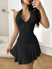 WOWDARK 夏季连衣裙，黑色时尚性感深V腰部不对称下摆优雅连衣裙，适合女士，可用于狂欢节、约会、聚会、派对、旅行、度假、海滩等场合。 - 黑色 - 查看 5