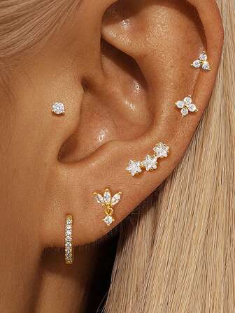 6 Pcs Exquisite 24K Gold Plated Cubic Zirconia Hoop Earrings For Women Zirconia Stud Earrings Set