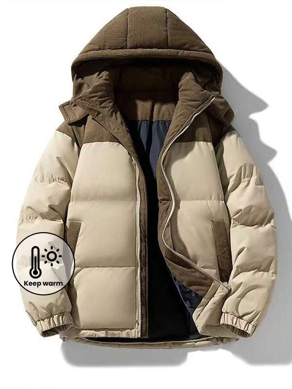 Chaqueta de hombre, chaqueta con capucha desmontable de pana y bloques de color para invierno, diseño de bolsillos grandes, casual y holgada, ropa deportiva