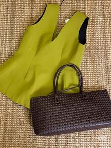 [Bolso De Hombro De Mujer] BOLSO DE TOTE TRENZADO, Bolso De Asa Superior De Moda, Bolso De Hombro De Unicolor Y Simple, Bolsos De Mano De Design De Lujo Para Mujer De Style Cotidiano - 中紫紅色 - 查看 2