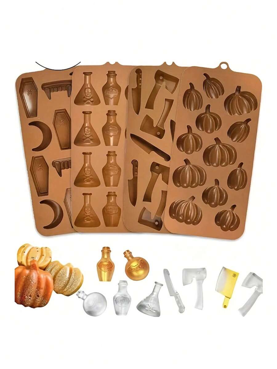 一套 4 个万圣节耐热硅胶模具，包括南瓜瓶和主题形状；这些模具柔软且易于拆卸；适用于塑造南瓜、瓶子、斧头、月亮、棺材、刀子等；非常适合万圣节烘焙、万圣节食品模具和万圣节派对用品。