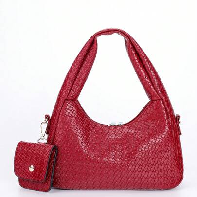 Borsa hobo da donna in tessuto intrecciato rosso, borsa semplice monocolore da portare sotto braccio, set di due borse con pendente, alla moda, elegan